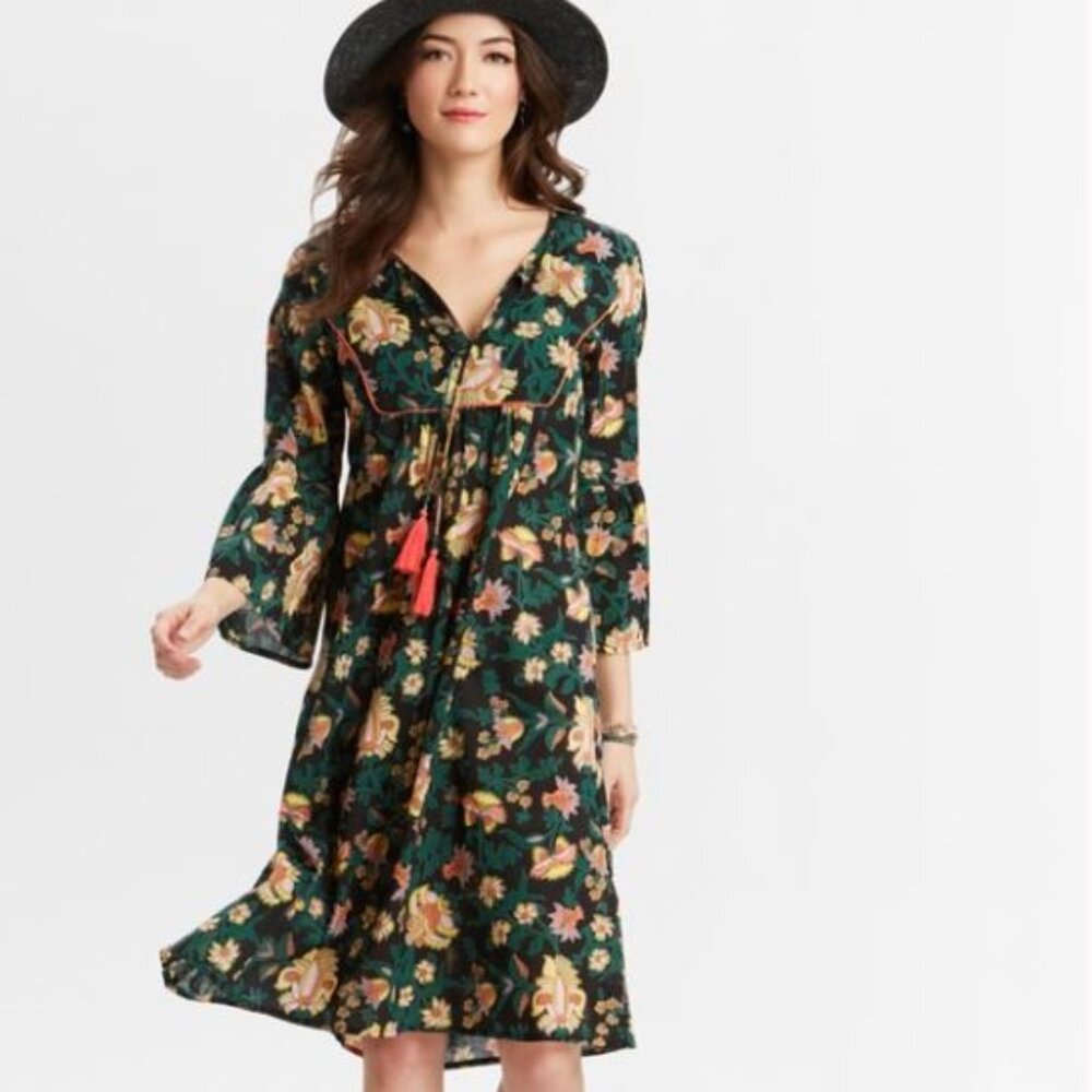 World Market Boho Peasant Multicolored Floral Midi Dress - Tassel Tie - Sz S/M